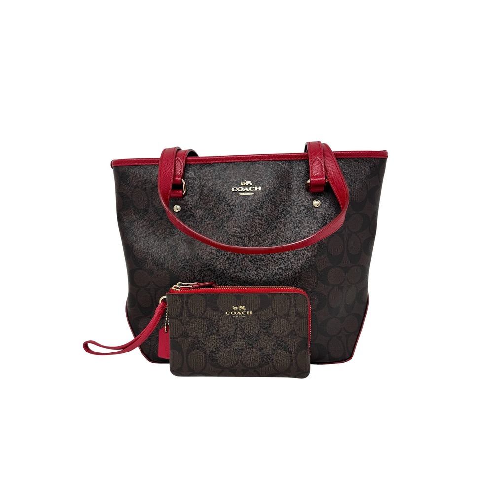 Coach Signature Zip Top Tote and Wristlet Wallet Set Brown Monogram C